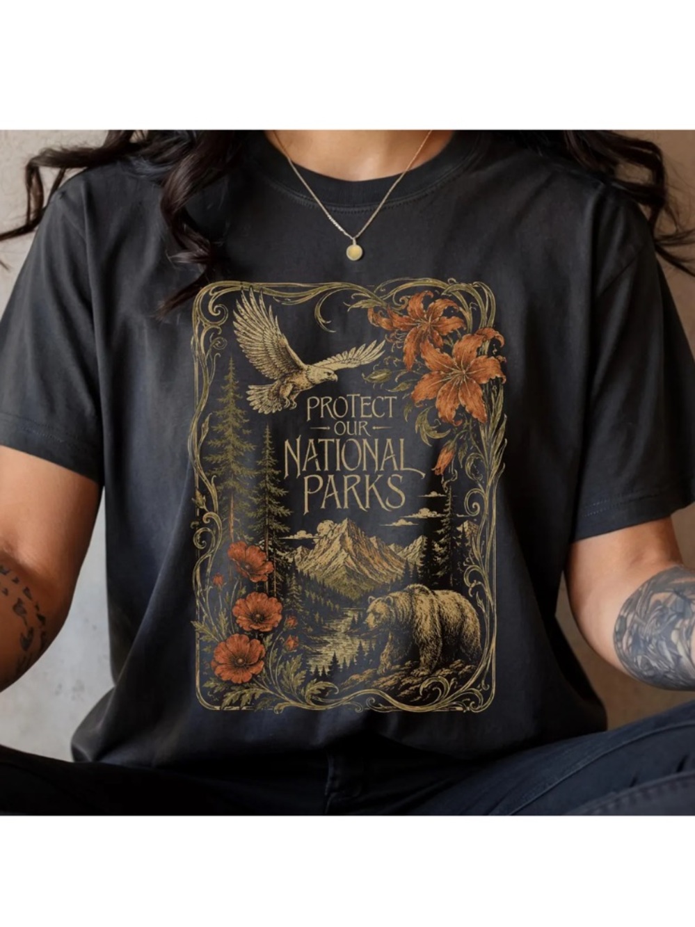 Gildan Black 'Protect Our National Parks' Graphic Tee with Gold and Orange Print